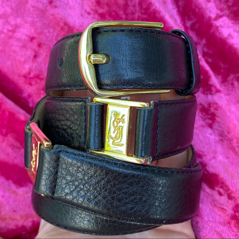 YSL Black Leather with Gold Emblem Belt